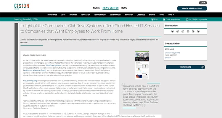 screenshot of the Cision article